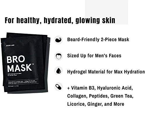 BRO MASK: Korean Face Mask for Men | 2 Pc. Hydrating Anti Aging Sheet Masks Contains Vitamin C, Vitamin E, Hyaluronic Acid, Hydrolyzed Collagen for Face Care & Acne Treatment by Jaxon Lane (4 Pack)