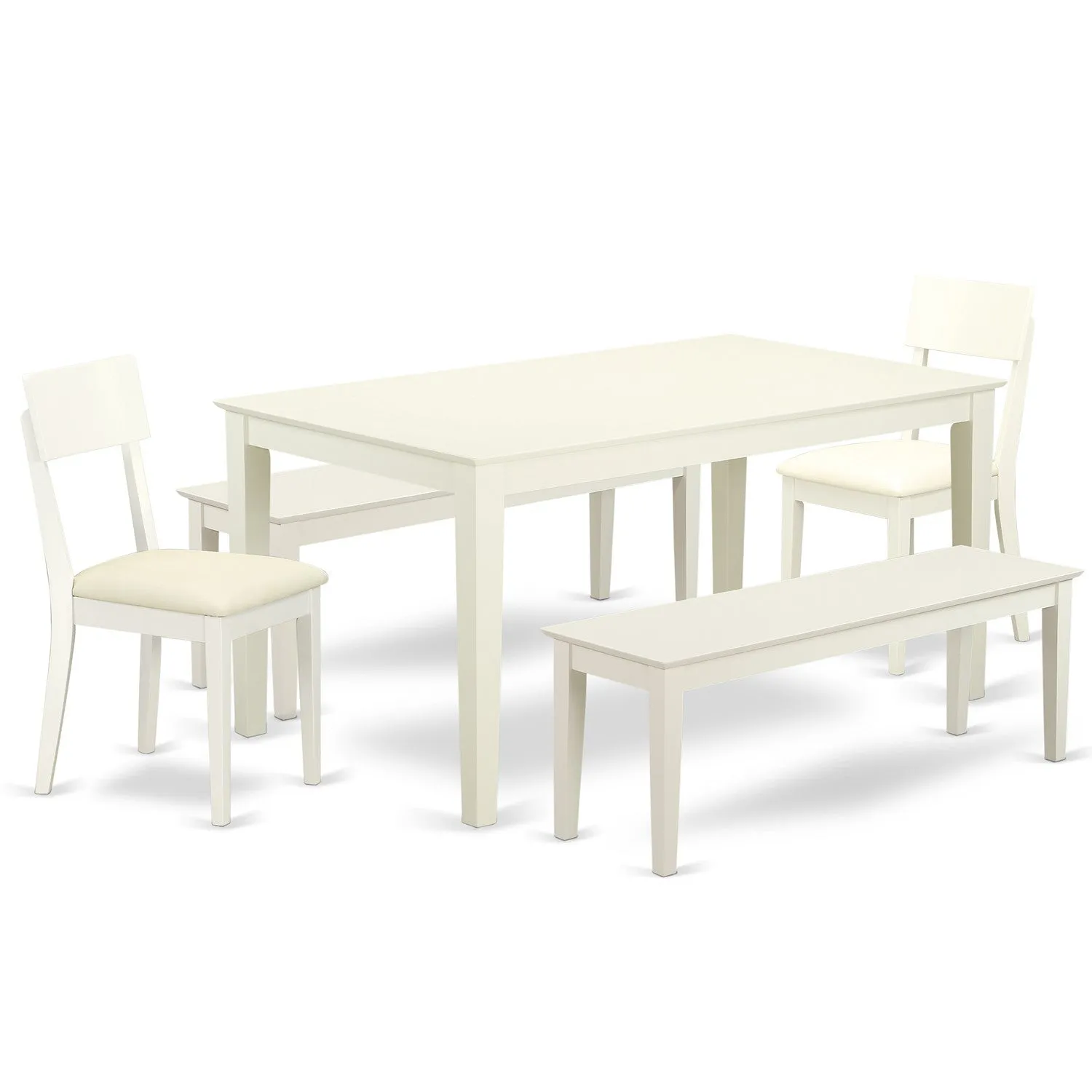 East West Furniture CAAD5C-LWH-LC 5 Piece Kitchen Table Set for 4 Includes a Rectangle Dining Room Table and 2 Faux Leather Dining Chairs with 2 Benches, 36x60 Inch, Linen White