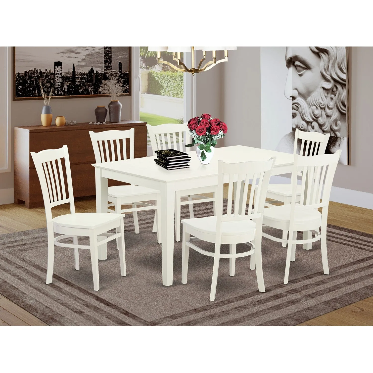 East West Furniture CAGR7-LWH-W 7 Piece Dining Room Furniture Set Consist of a Rectangle Dining Table and 6 Wood Seat Chairs, 36x60 Inch, Linen White