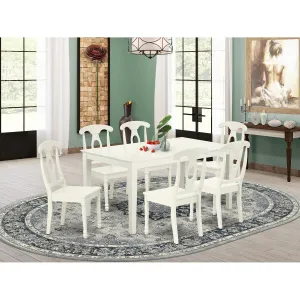 East West Furniture CAKE7-LWH-W 7 Piece Dining Room Table Set Consist of a Rectangle Kitchen Table and 6 Dining Chairs, 36x60 Inch, Linen White